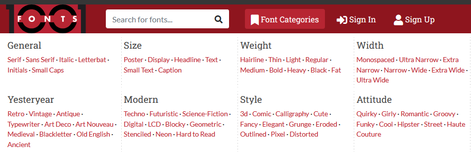 home do site 1001 fonts onde você pode escolher a categoria e baixar as fontes gratuitamente