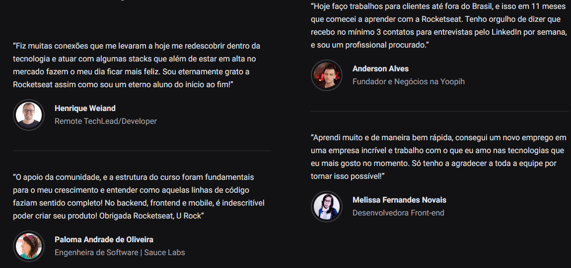 depoimento real dos alunos da empresa rocketseat