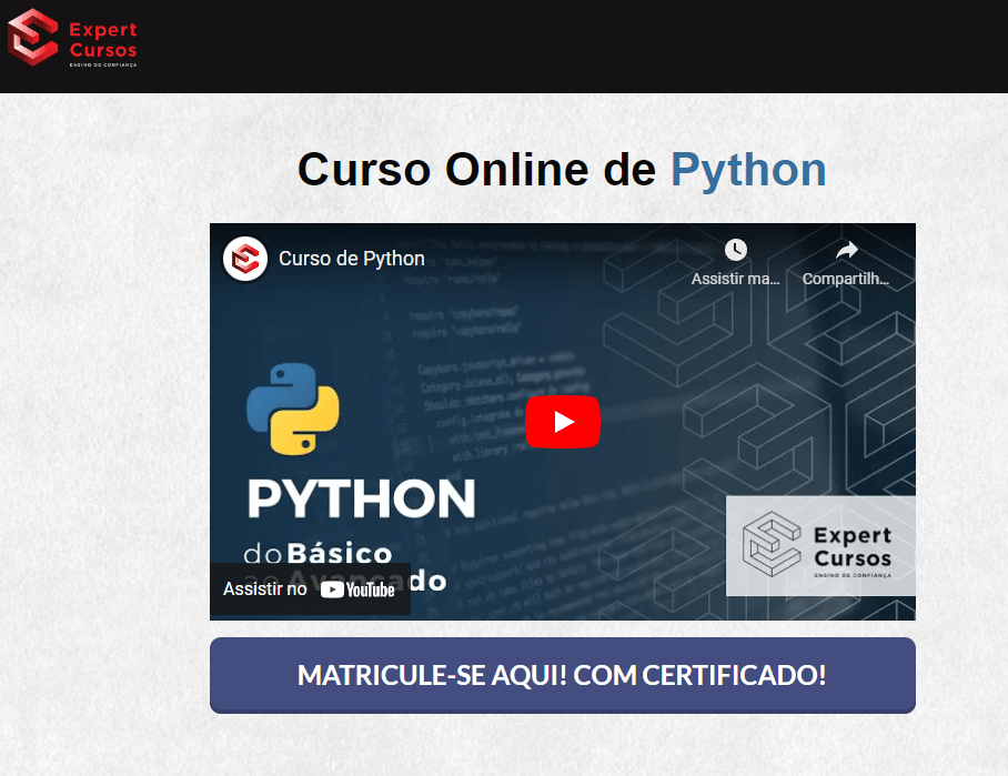 página oficial do curso de programação python feito pelos tutores da Expert Cursos