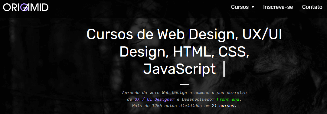 página inicial do site da origamid, uma das maiores plataformas de programação cujo os cursos são feitos para programadores front end