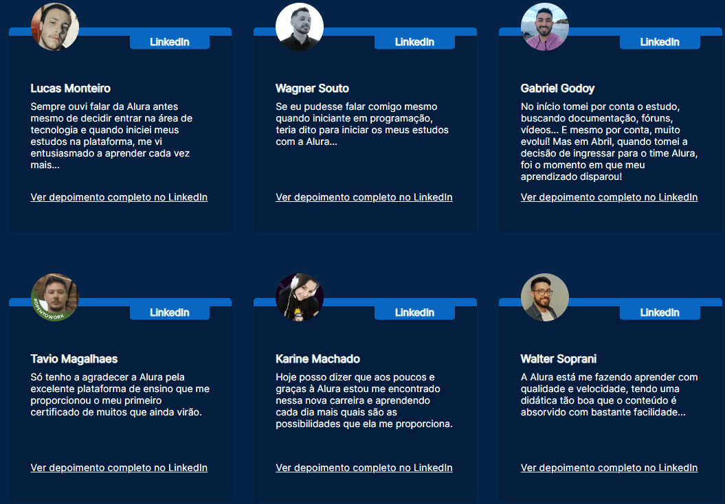 review e depoimento de alguns alunos da alura, uma das maiores plataformas de cursos de programação do Brasil