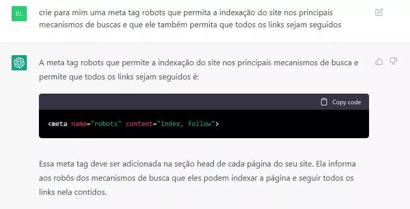 código html de tag robots index gerado pelo chat gpt